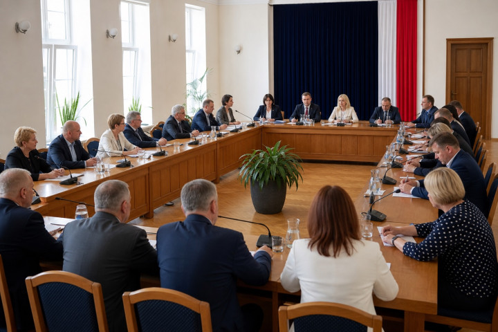 Radni fikcyjnego Mysiogrodźca siedzą przy półokrągłym stole podczas jawnej sesji transmitowanej online.