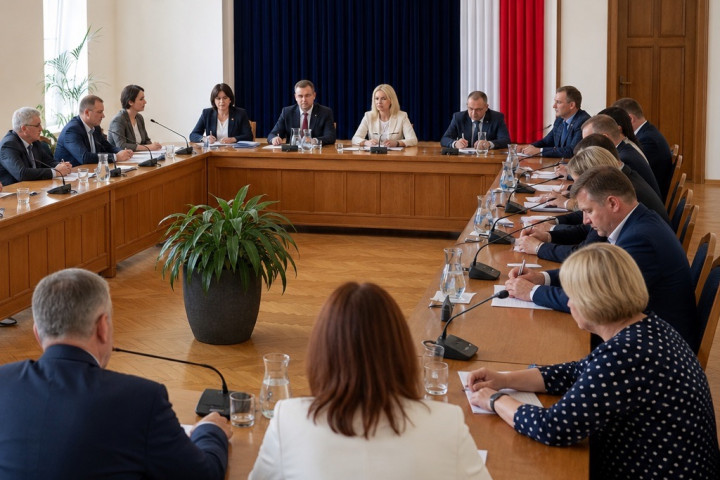 Przewodnicząca fikcyjnej rady prowadzi obrady przy mikrofonie, obok widoczny jest ekran z porządkiem posiedzenia.